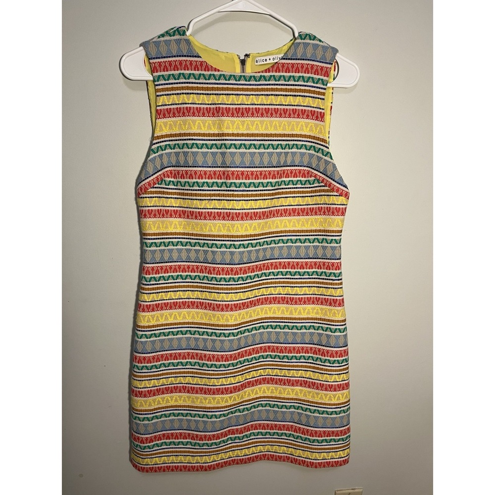 Alice + Olivia Coley Embroidered Yellow Aztec Stripe Shift Dress Sz 6